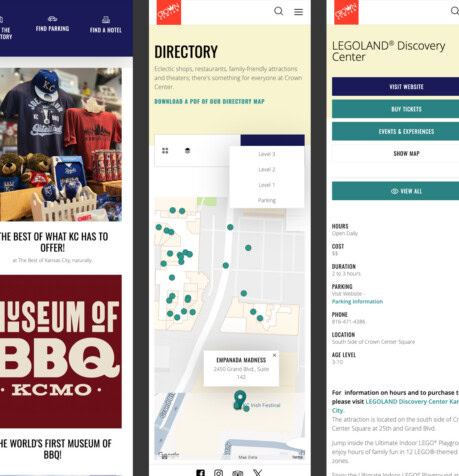 Crown Center website shown across three mobile device screenshots: shop listings, interactive directory map, and an attraction detail page