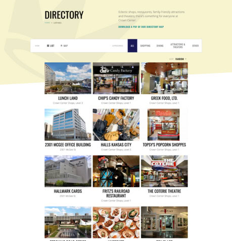 Crown Center website directory listing page showing shops and restaurants in a card grid layout