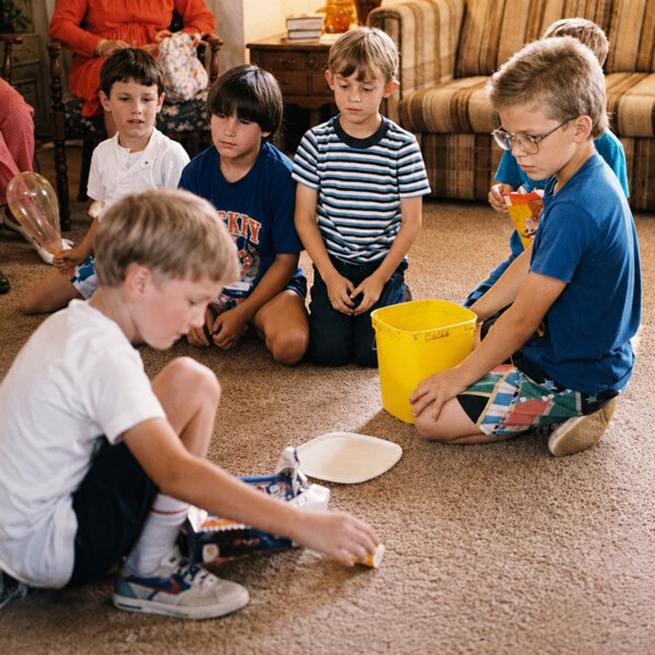 A group of young boys sits on a living room floor during a childhood gathering. In the foreground, a boy in a white shirt plays with a toy, while another boy in a blue shirt and glasses kneels beside a bright yellow bucket.